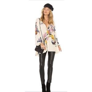 Free People Meadow Lark Blouse Button Down Printed Top Cream Floral Size Medium